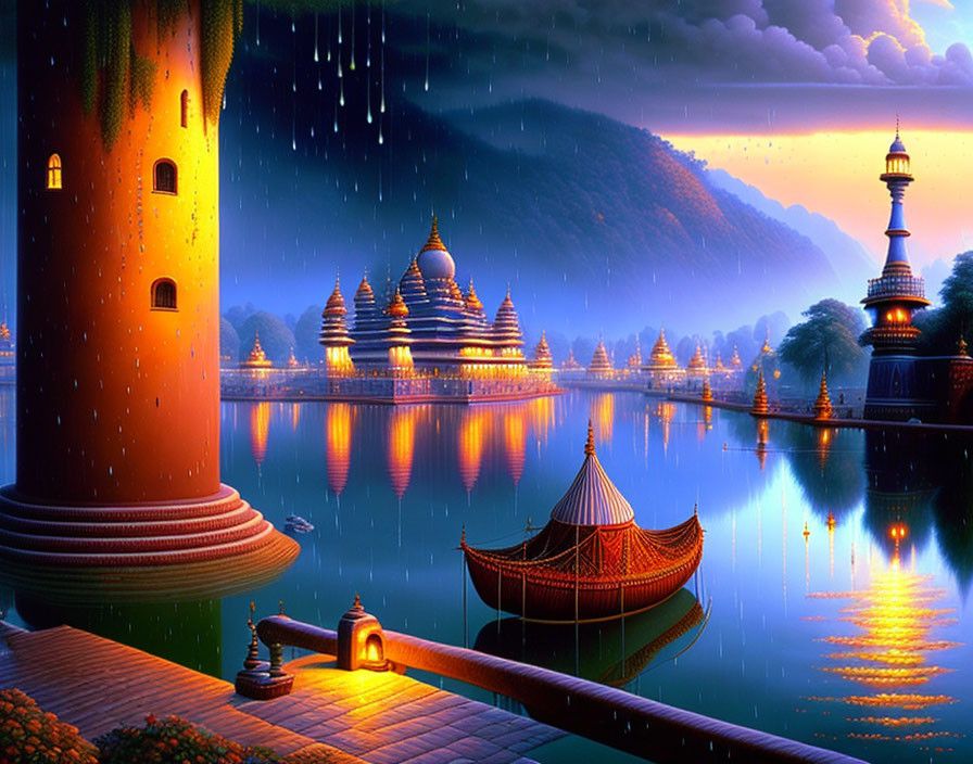 Traditional buildings and boat reflected in calm water under a starry, rain-spattered nightscape