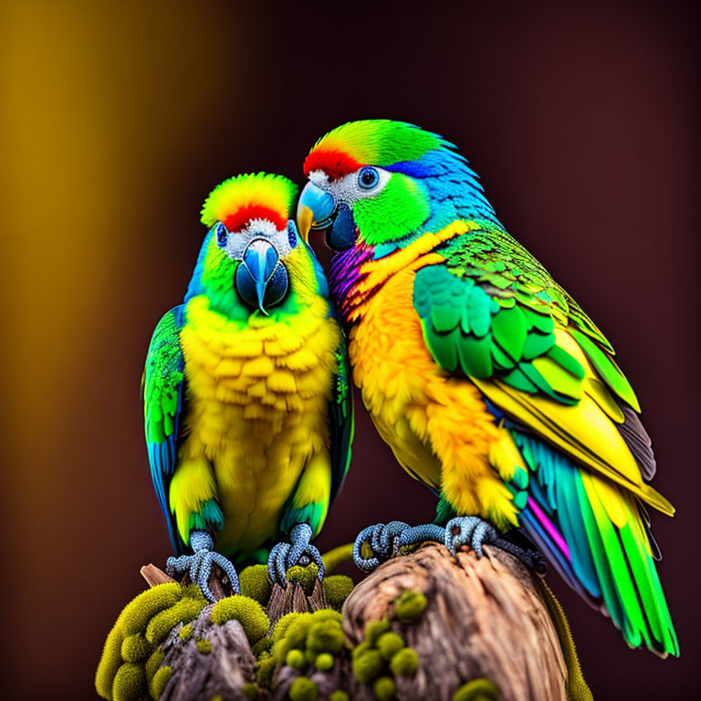 Colorful Parrots Nuzzling on Brown Background