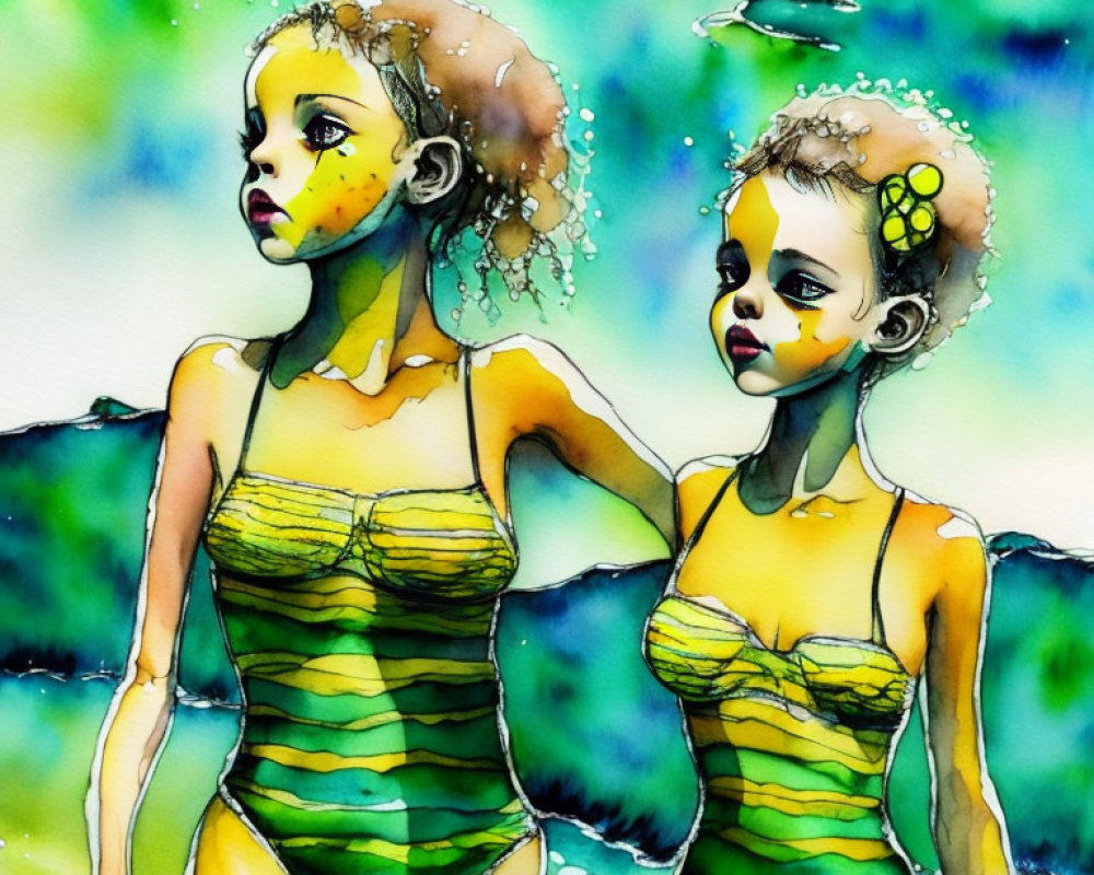 Illustrated girls in green and yellow swimsuits on watercolor background