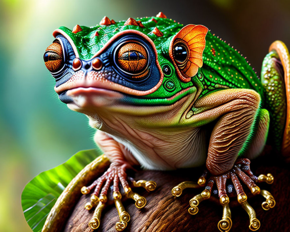 Colorful digital artwork of a stylized frog with exaggerated features on a branch