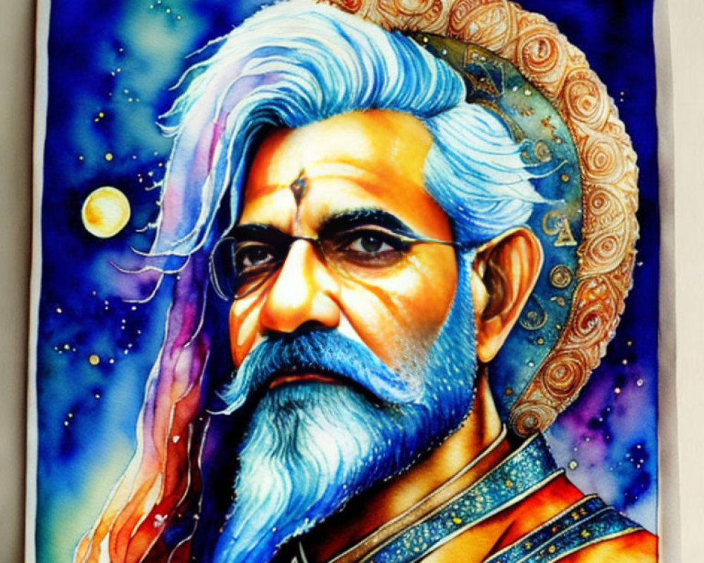 Vibrant portrait of bearded man with celestial halo in starry scene