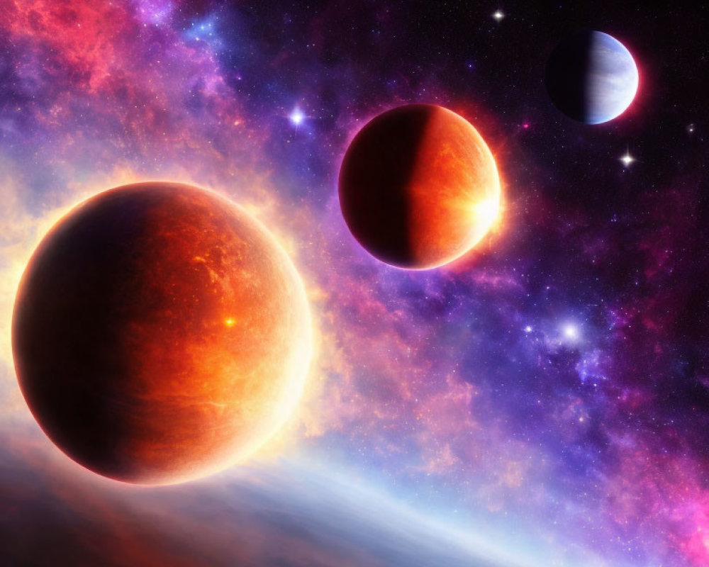 Three Celestial Bodies in Vibrant Space Scene with Nebula and Planetary Surface