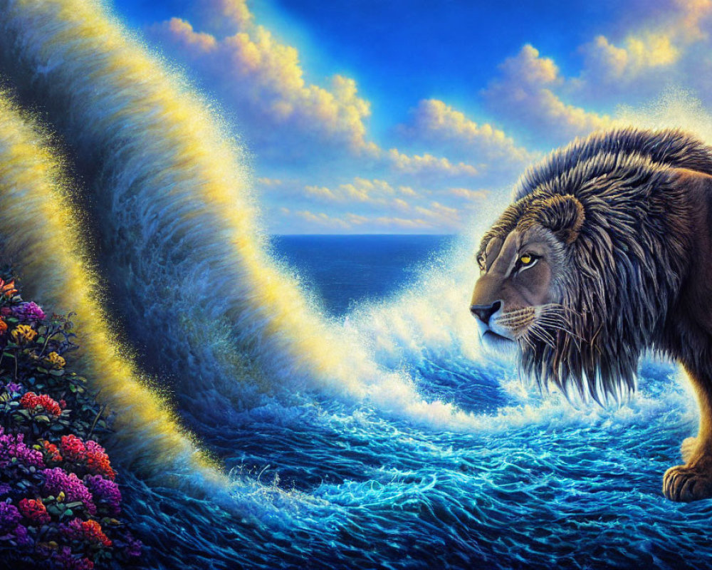 Majestic lion on cliff with vibrant sea wave and colorful sky