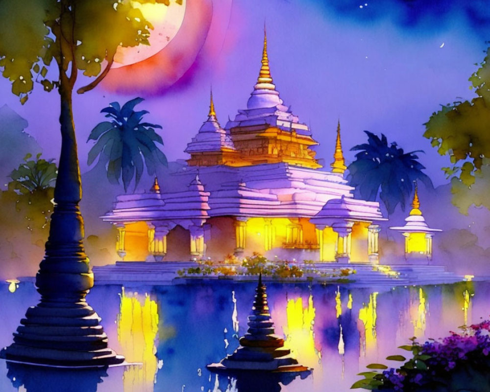 Tranquil temple with spires reflected in water under moonlit night