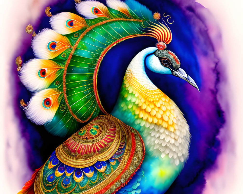 Colorful Peacock Artwork with Elaborate Feathers in Blues, Greens, and Gold