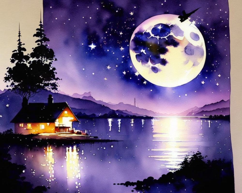 Nighttime lakeside cabin watercolor painting with full moon, stars, and flying plane.