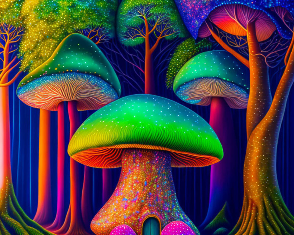 Colorful Digital Art: Whimsical Forest with Luminescent Mushrooms
