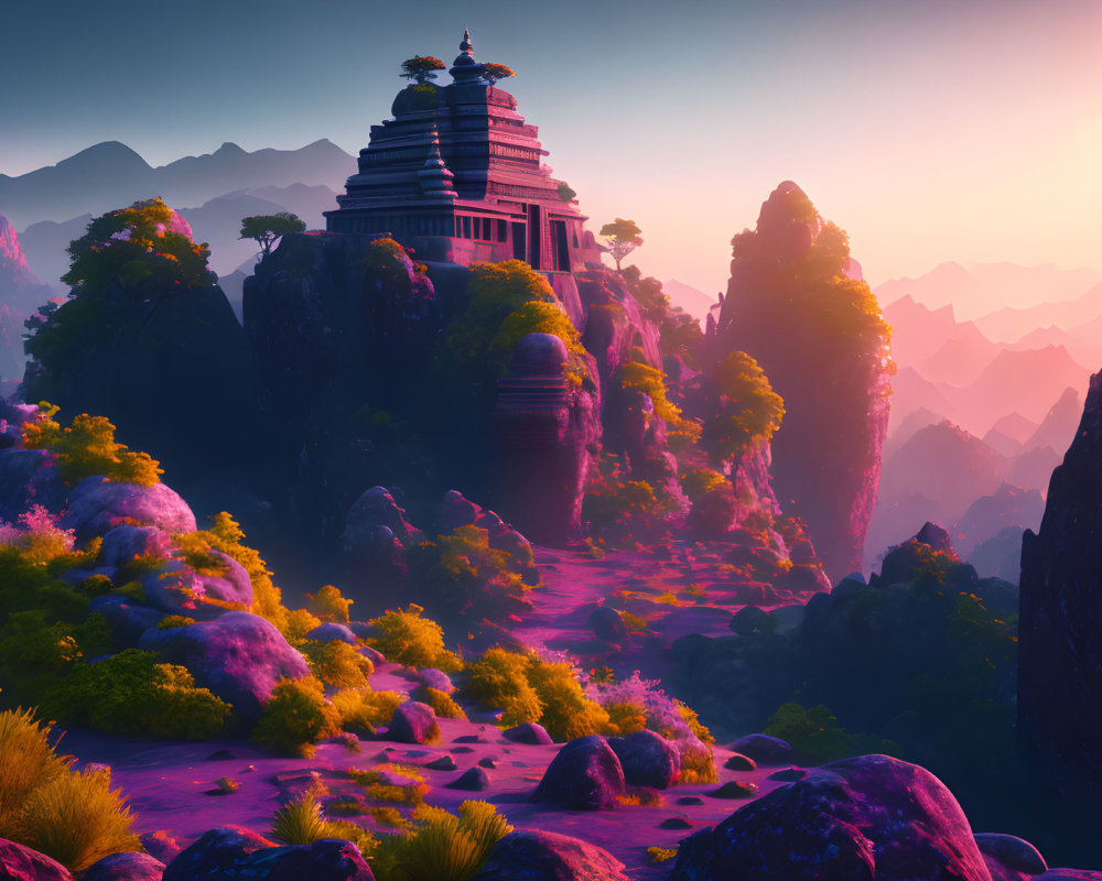 Ancient temple on steep cliff with purple flora under warm hazy sky