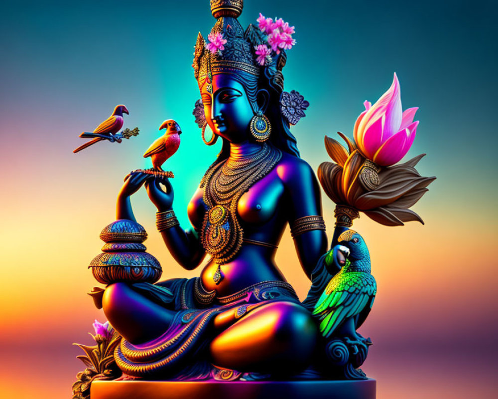 Colorful Hindu Deity Statue with Birds on Gradient Background