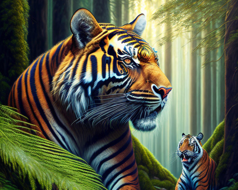 Two majestic tigers in lush green forest under mystical light