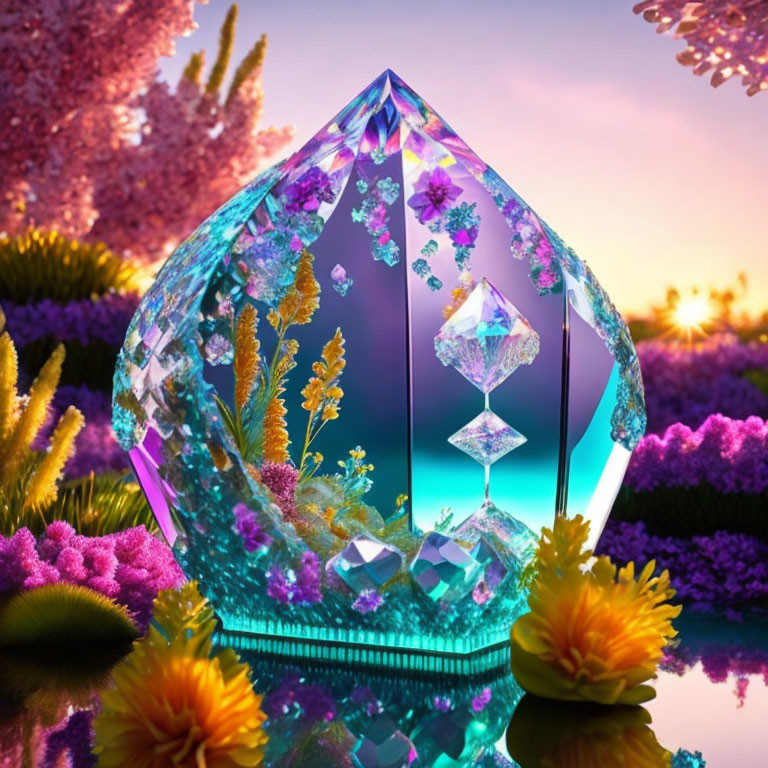 Colorful gem surrounded by flowers on water surface