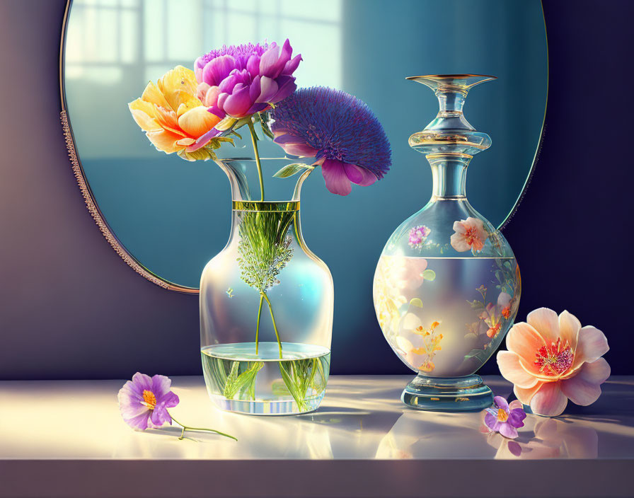 Colorful Flowers in Vase Reflected in Mirror with Decorative Urn