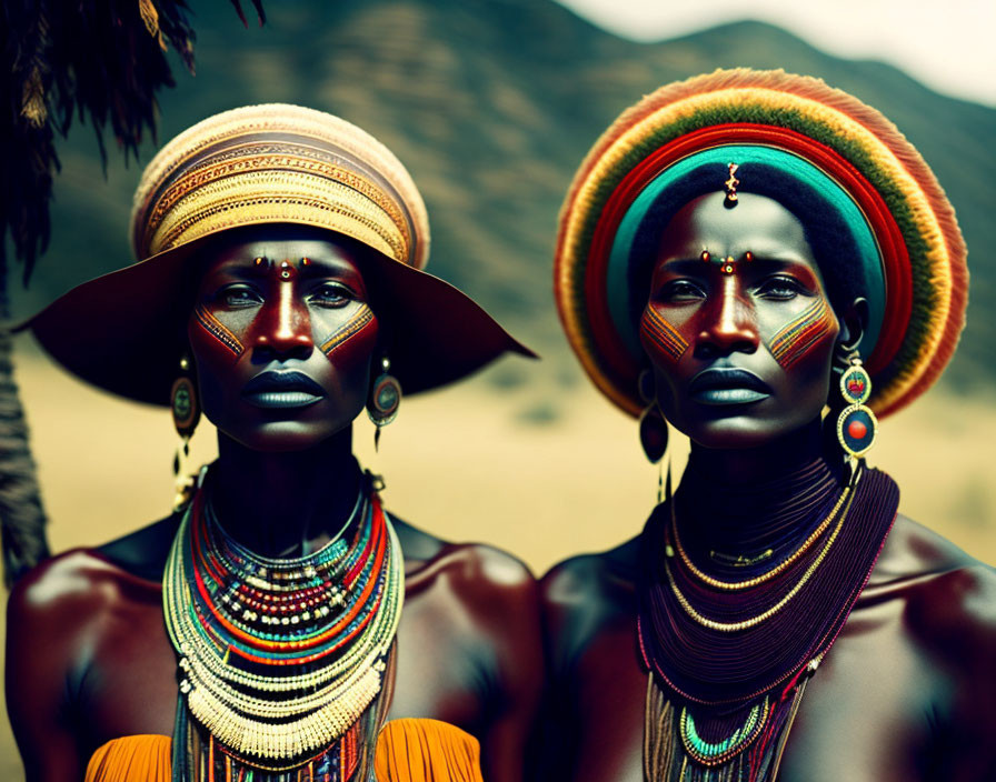 African tribal jewelry and face paint on individuals in natural setting