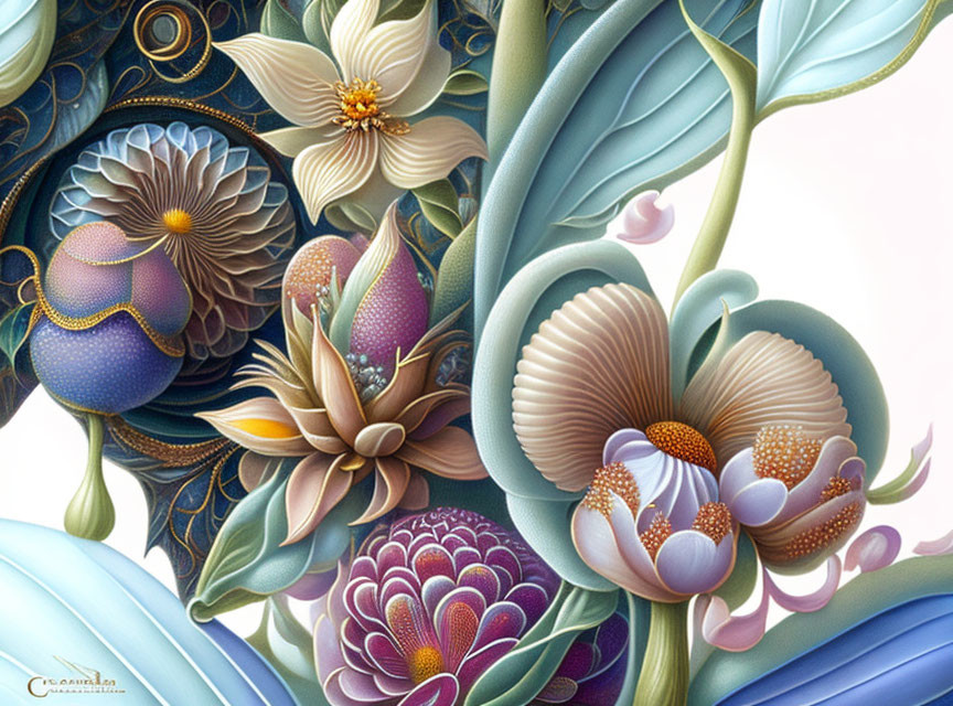 Detailed botanical art: intricate flowers & ornate patterns in pastel colors
