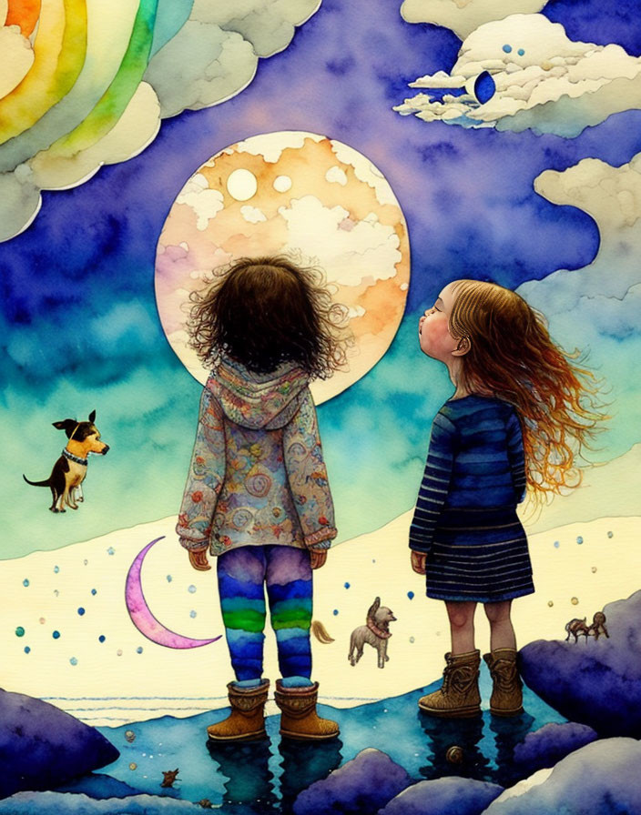 Two Girls and a Dog Under Dreamy Moonlit Sky