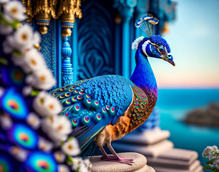 Colorful Peacock on Ornate Balcony Overlooking Blue Sea at Dusk