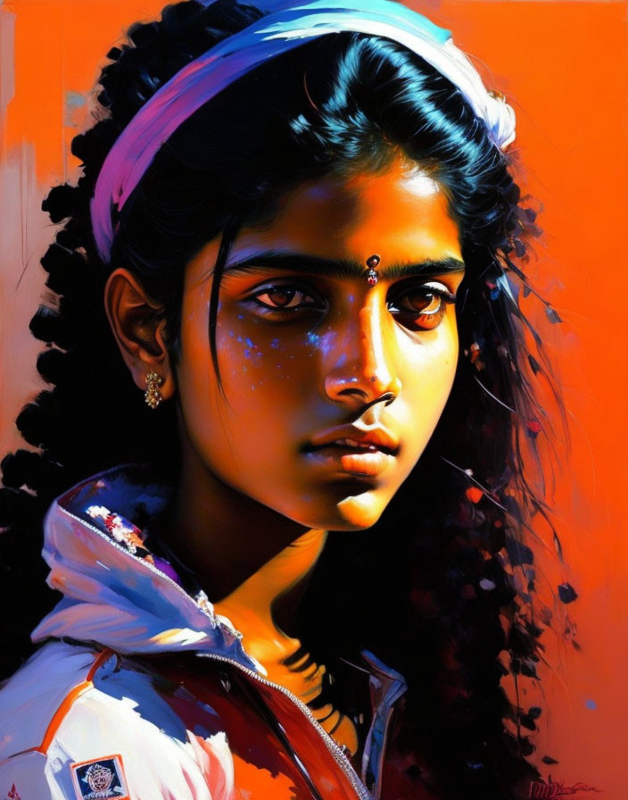 Portrait of girl with dark hair and eyes in traditional attire on warm orange backdrop
