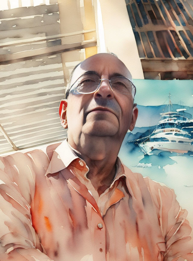 Elderly Man Smiles in Selfie with Watercolor Overlay and Yacht Background