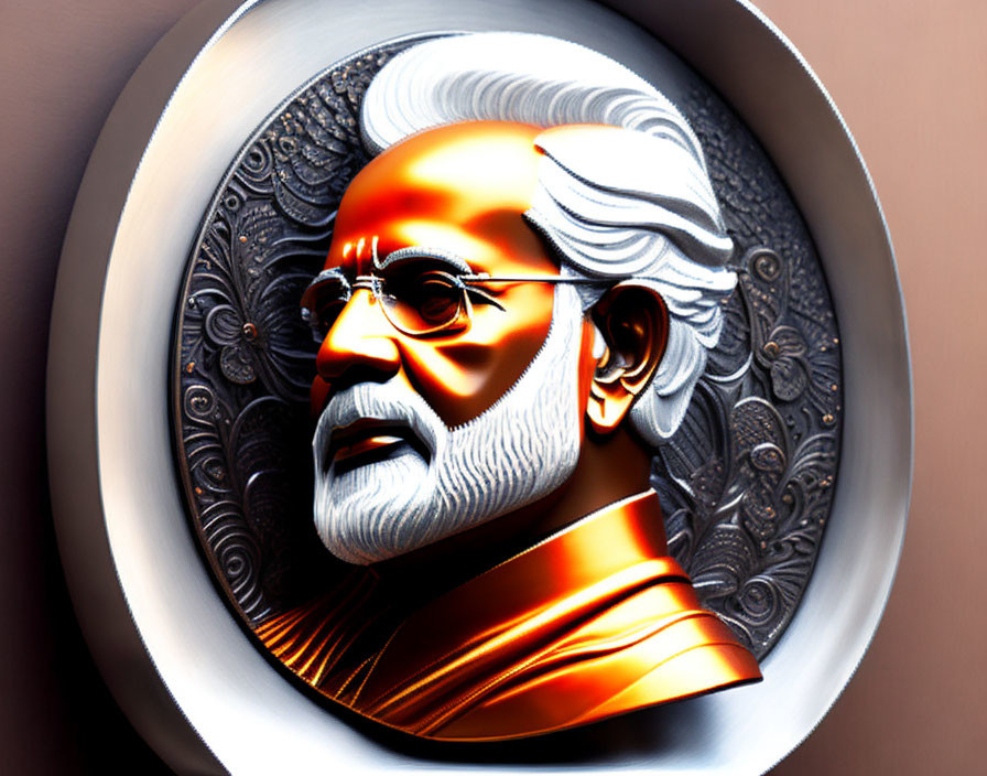 High-contrast relief portrait of a bearded man with glasses in circular frame.