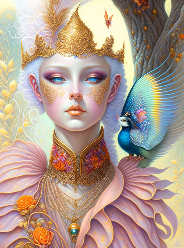 Ethereal figure with golden headwear and blue bird in whimsical setting