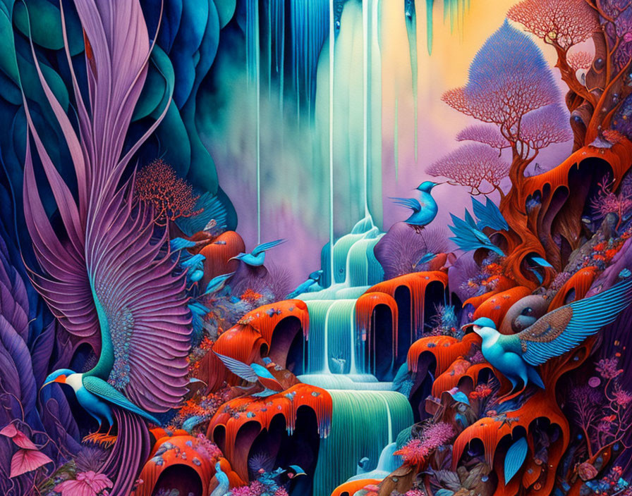 Colorful surreal artwork with waterfalls, exotic flora, and fantastical birds