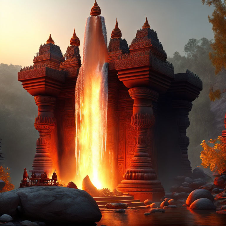 Mystical lava waterfall at ancient temple in autumn forest at dusk