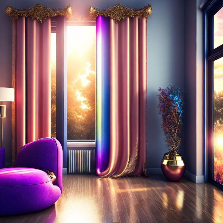Sophisticated room with purple chair, golden curtains, vase, and sunset view