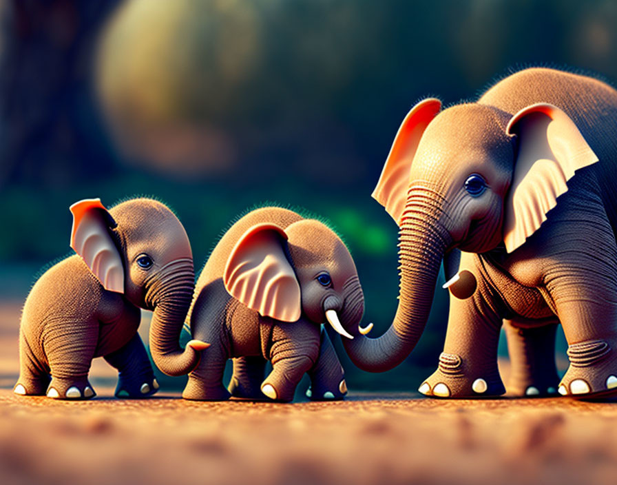 Three Baby Elephants Walking in Line Against Soft Background