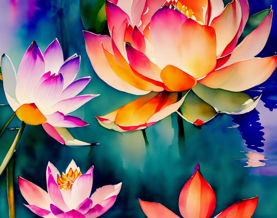 Colorful watercolor painting of lotus flowers on blue and purple background