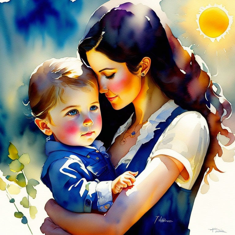 Serene watercolor painting of woman embracing child in sunlight