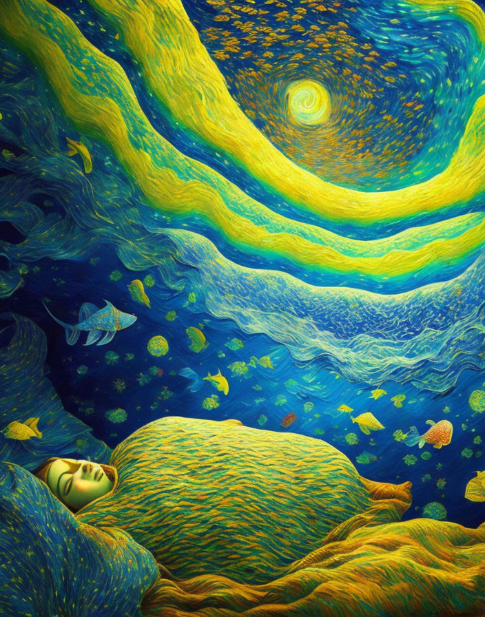 Surreal artwork blending Starry Night with underwater scene & sleeping figure wrapped in wave-patterned blanket