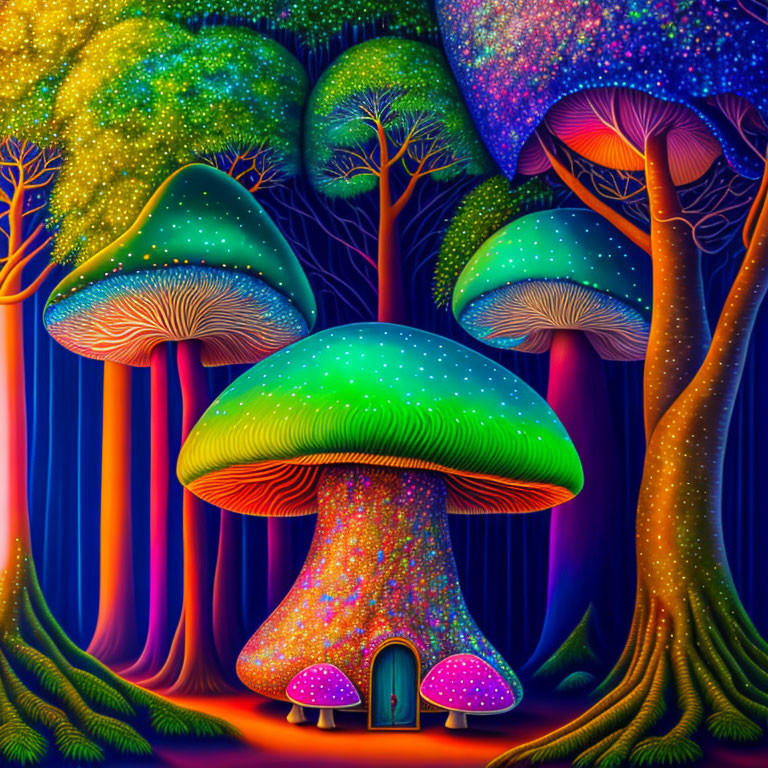 Colorful Digital Art: Whimsical Forest with Luminescent Mushrooms