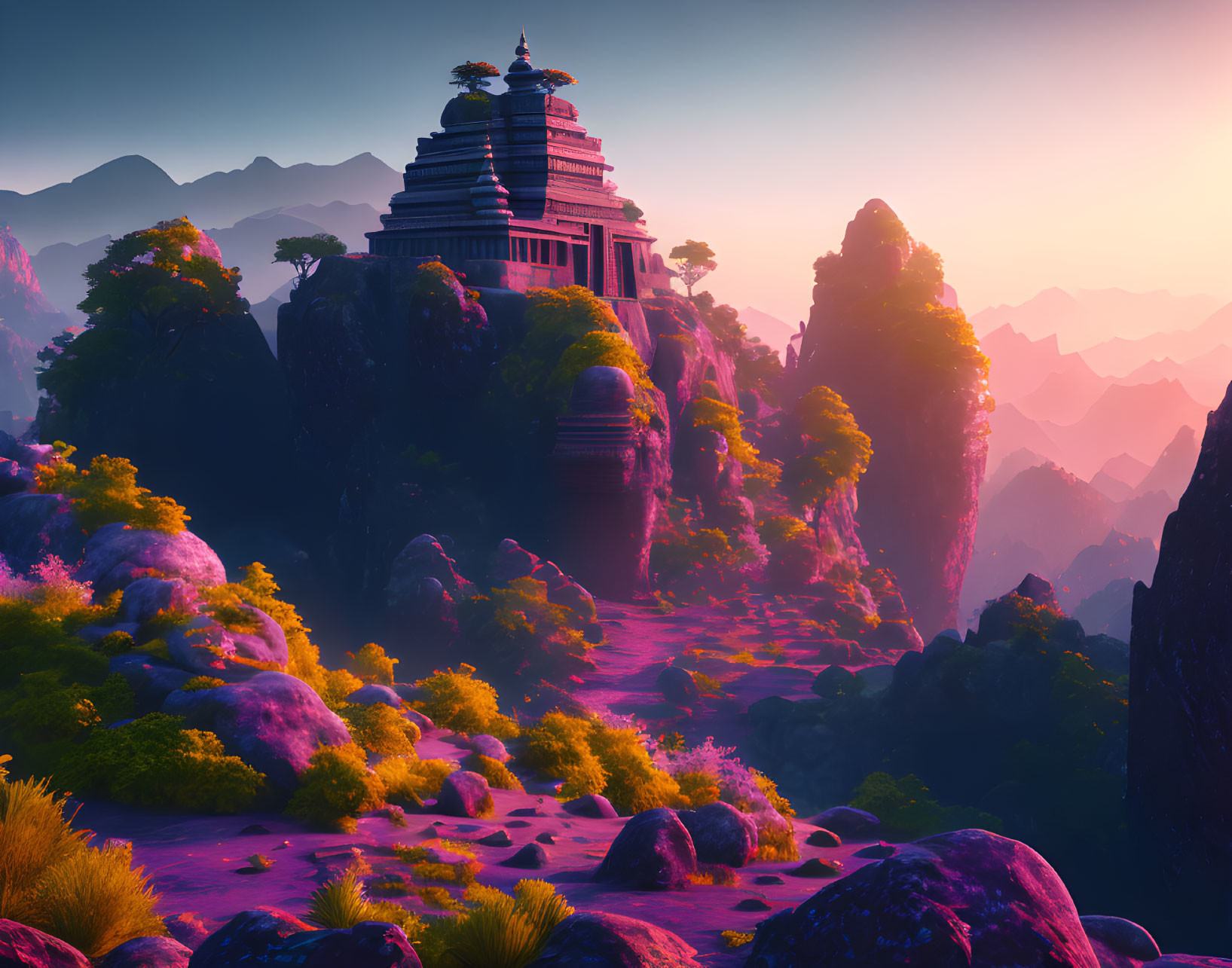 Ancient temple on steep cliff with purple flora under warm hazy sky