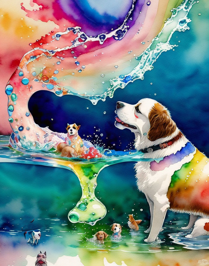 Colorful Watercolor Illustration of Dog Watching Mini Versions Playing
