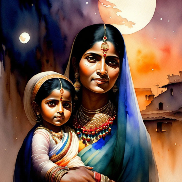Indian woman and child in traditional attire against village backdrop