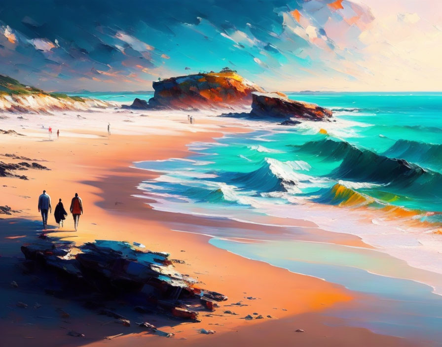 Colorful beach scene painting with two people walking on sand, crashing waves, and cloudy sky.