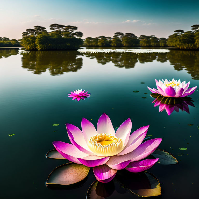Tranquil lake with vibrant pink water lilies blooming