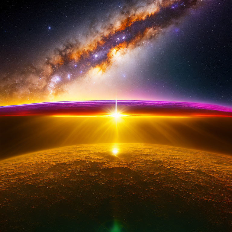 Alien sunrise with starry galaxy background.