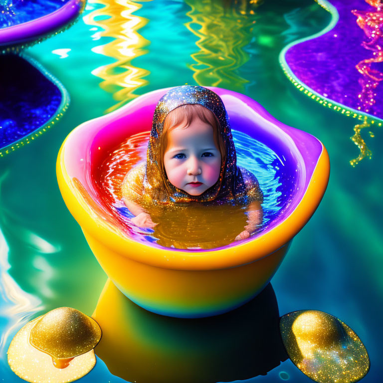 Toddler in Sparkly Hood Floats in Multicolored Inflatable Baby Pool