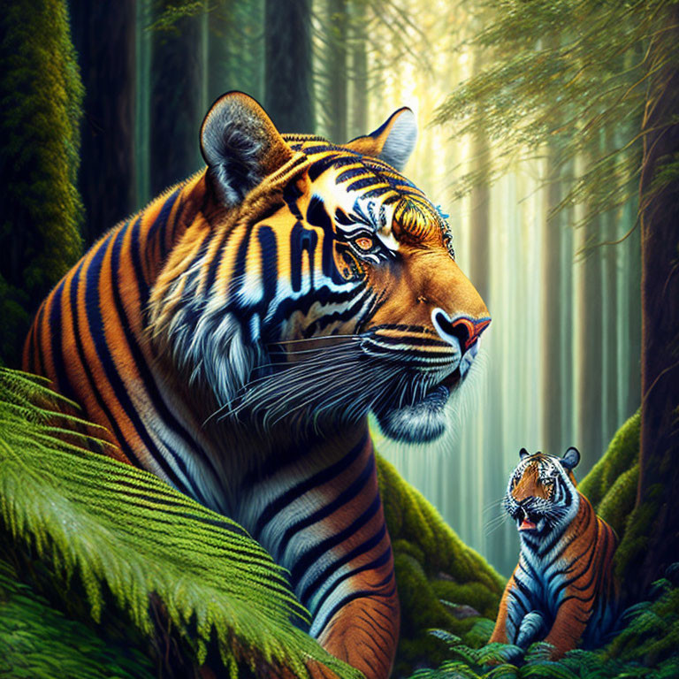 Two majestic tigers in lush green forest under mystical light