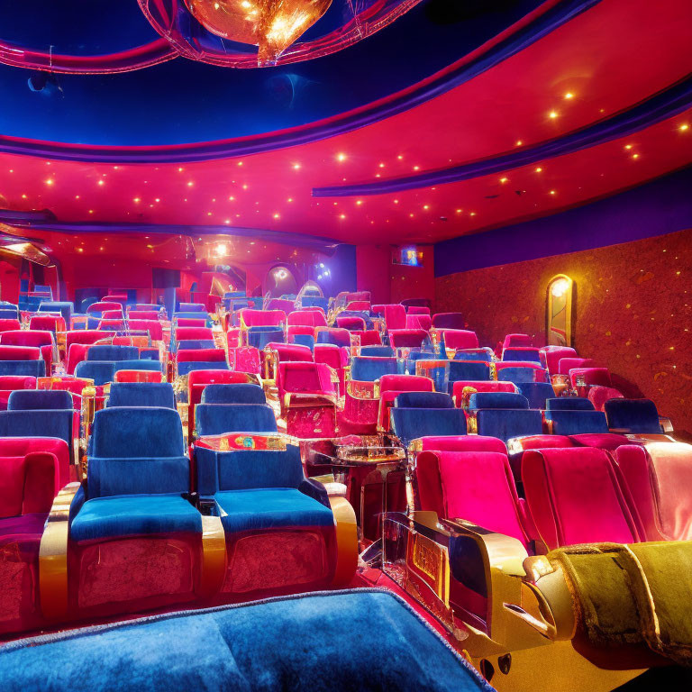 Opulent Cinema Theater with Plush Red Seats & Elegant Chandeliers