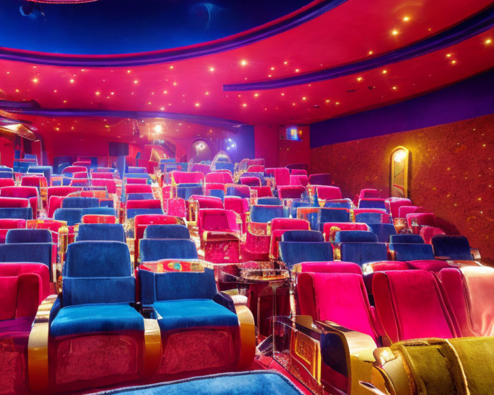 Opulent Cinema Theater with Plush Red Seats & Elegant Chandeliers