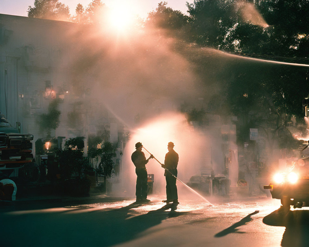 Firefighters spraying water on sunlit street with emergency vehicles nearby