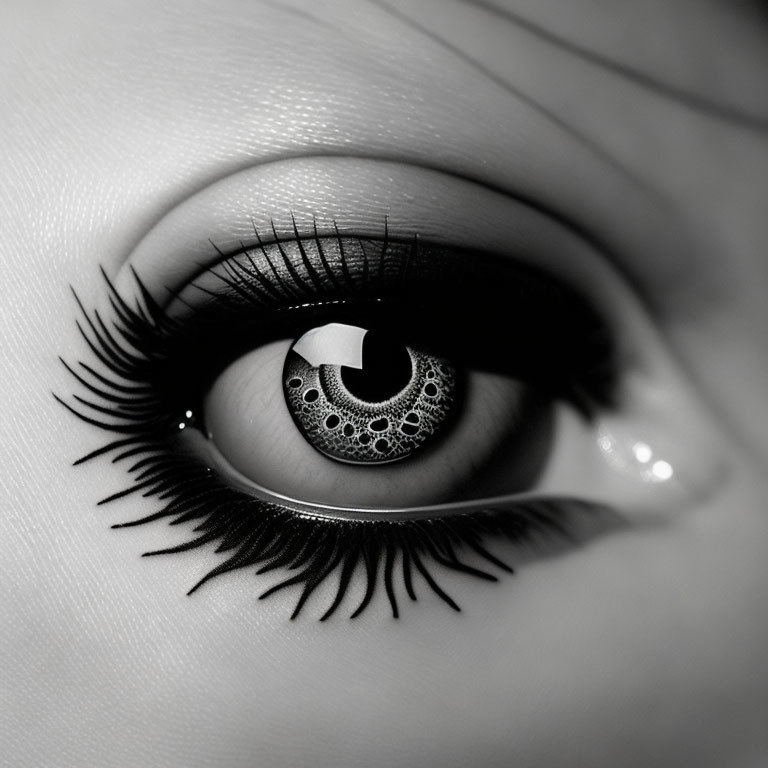 Detailed Close-up of Intricately Patterned Human Eye in High-Contrast Black and White