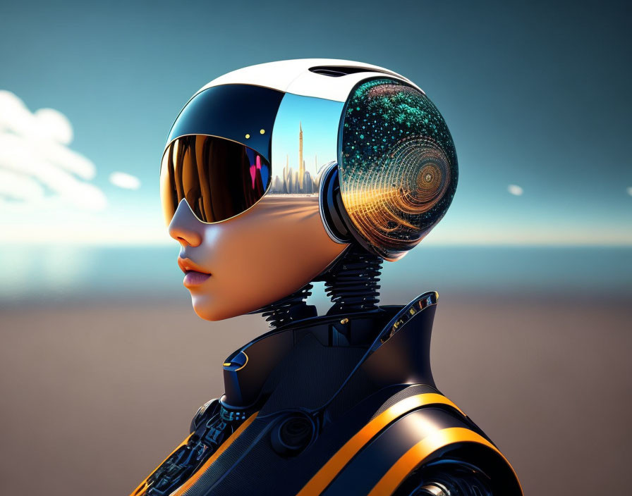 Futuristic robotic figure with reflective helmet in desert setting