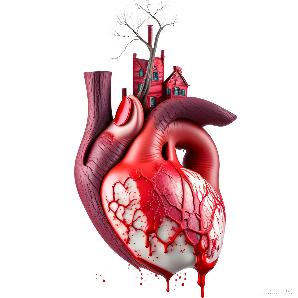 Human heart and house blend with tree-like veins in symbolic art piece.