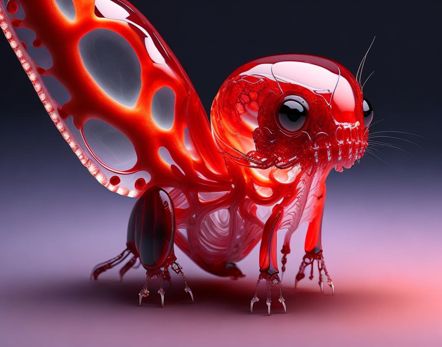 Stylized red insect creature with large eyes and delicate wings
