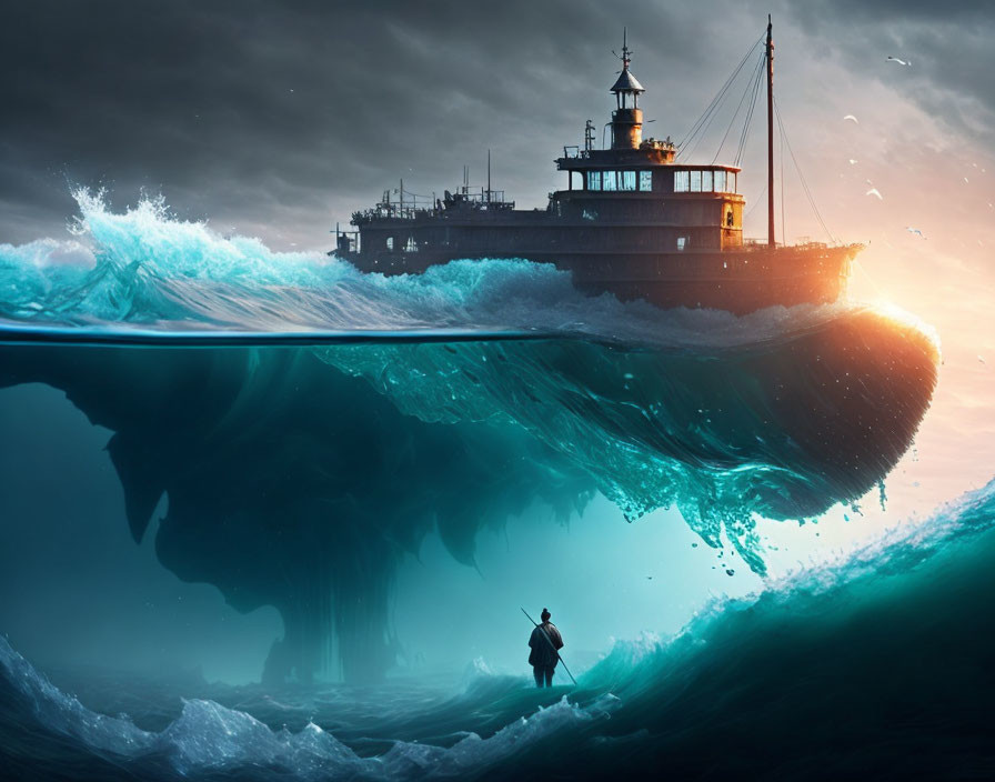 Surreal image: person facing massive wave with underwater ship hull and tree-like structure