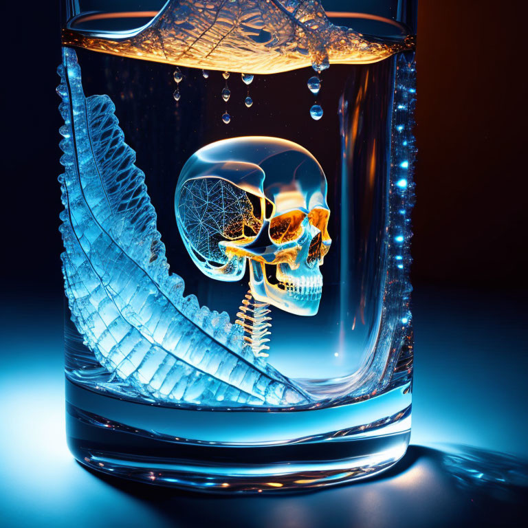 Half-filled glass with skeletal reflection on neon blue backdrop