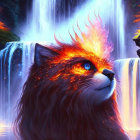 Fiery fox with blue eyes over serene waterfall scene